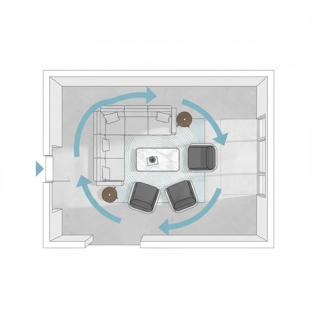 Example of circulation paths in a living room floor plan layout