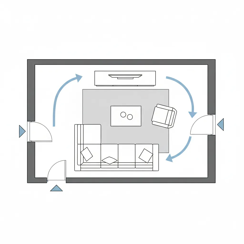 2D room layout planner showing furniture placement and walking circulation paths