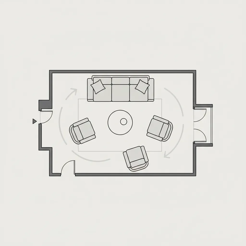 Living room floor plan showing furniture placement and circulation pathways
