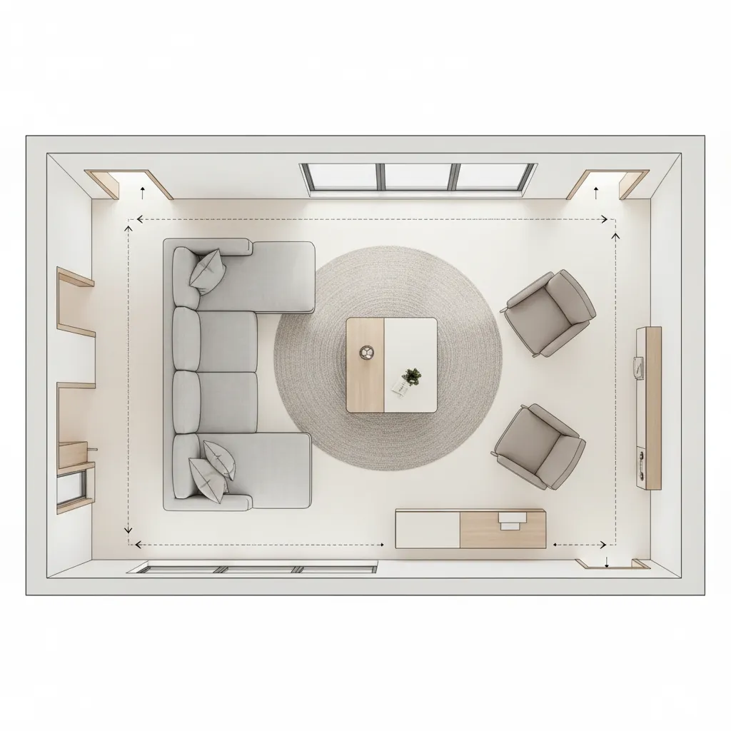 Living room layout diagram showing proper walkway clearance between furniture