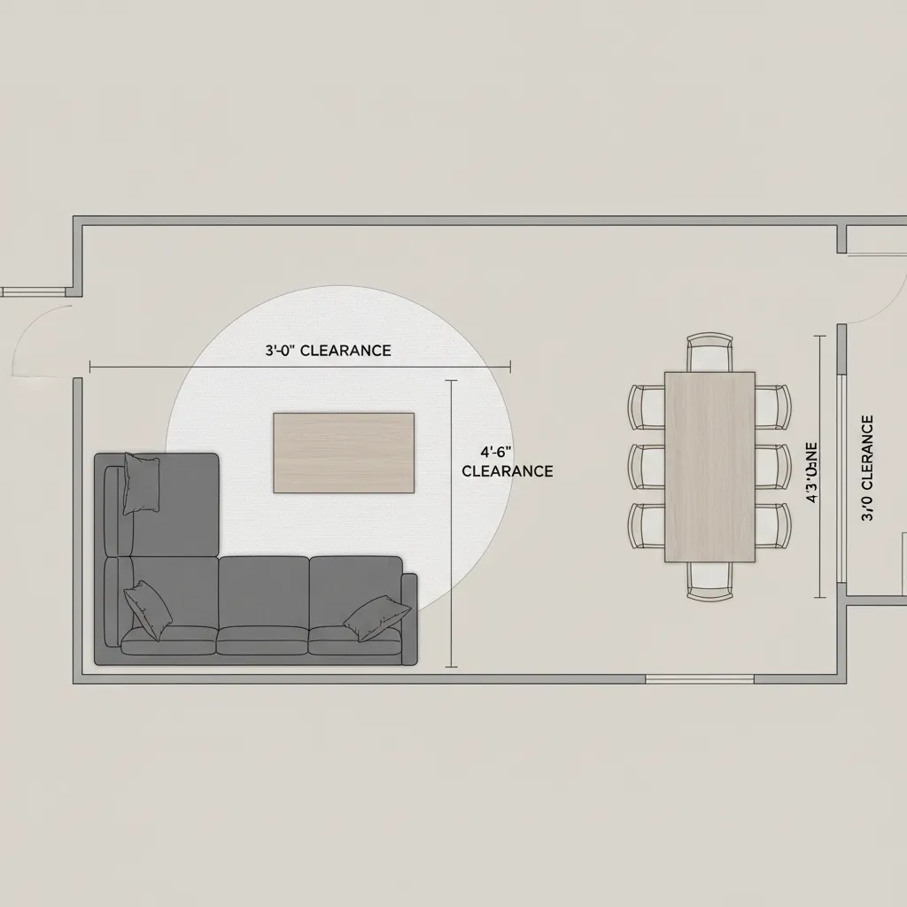 Interior layout diagram showing recommended furniture spacing and walking clearance