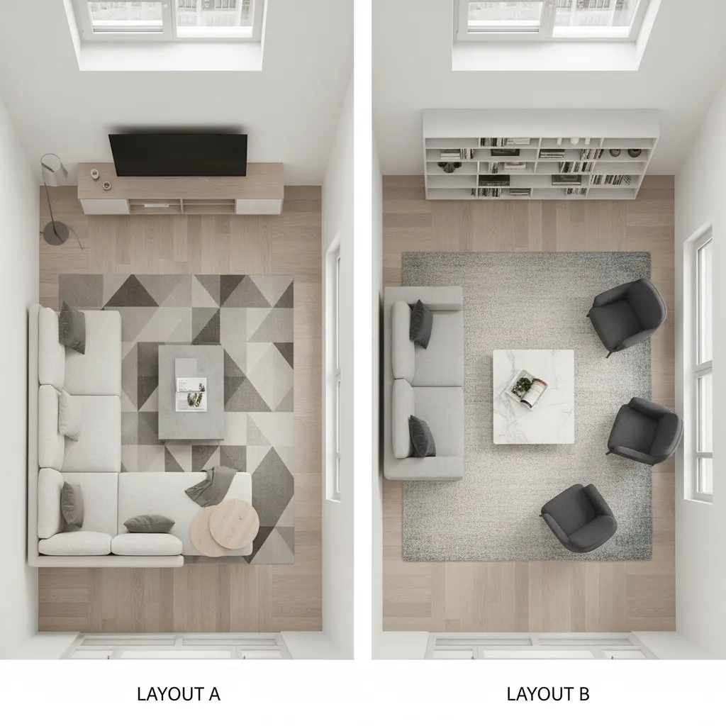 comparación de diferentes distribuciones de muebles en un salón