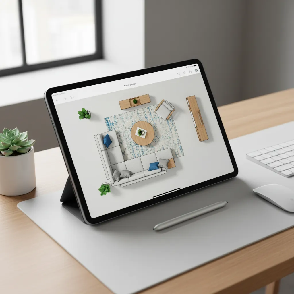 Pantalla de app mostrando plano de habitación con muebles