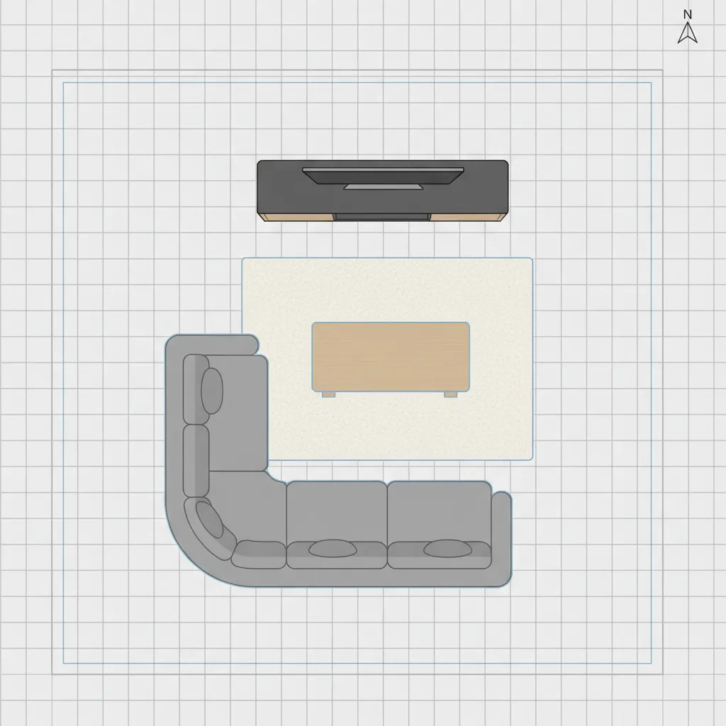 Digital room planner interface showing furniture placement in a living room layout