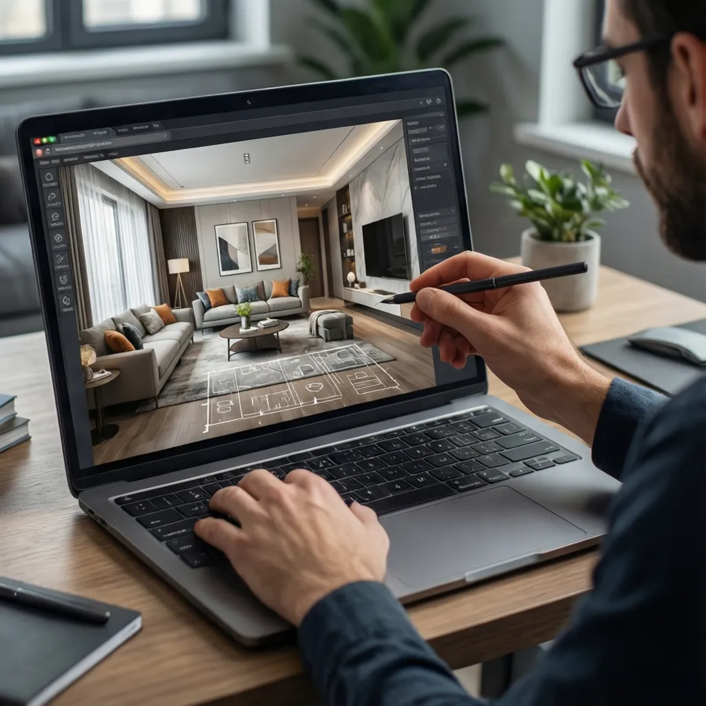 Persona diseñando la distribución de un salón en un simulador online