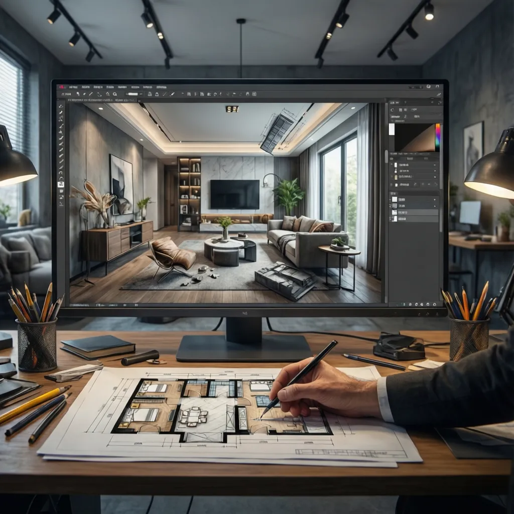 Diseñador creando la distribución de un salón en un plano digital