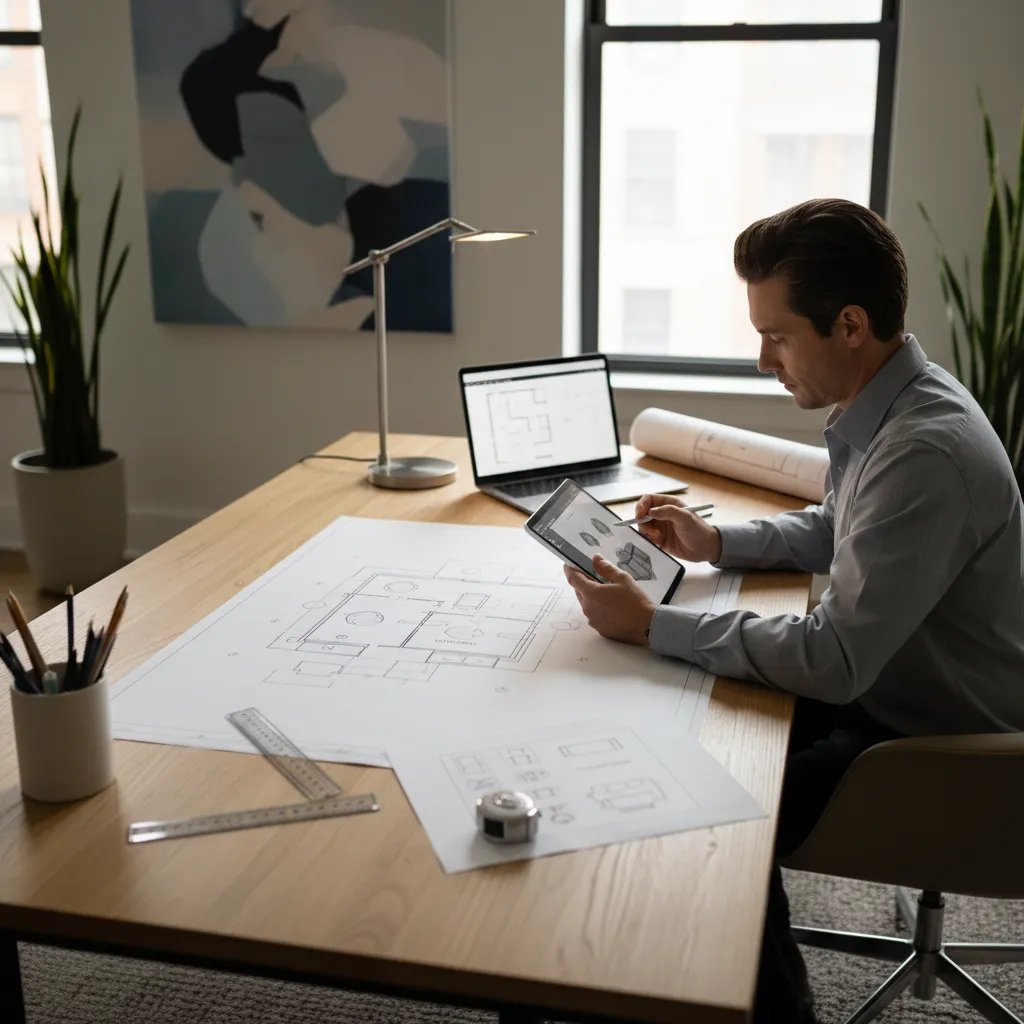 Diseñador planificando la distribución de muebles en una habitación