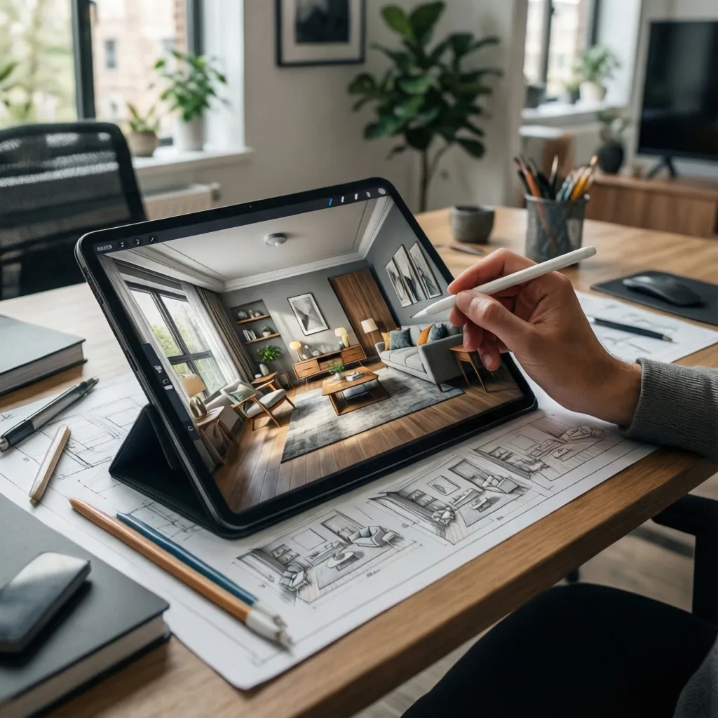 Diseñador probando diferentes distribuciones de muebles en un plano digital