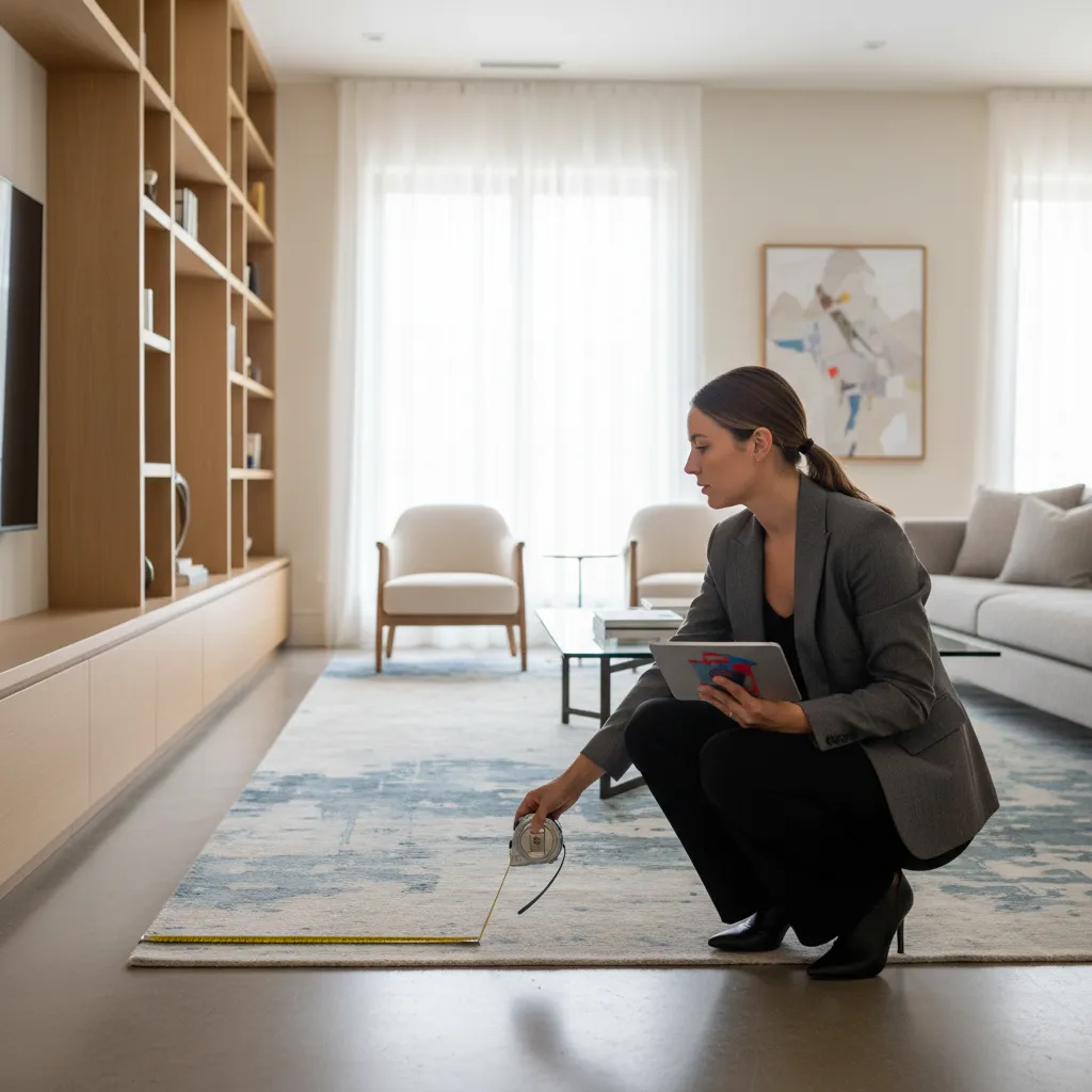 Designer measuring room dimensions and translating them into digital floor plan