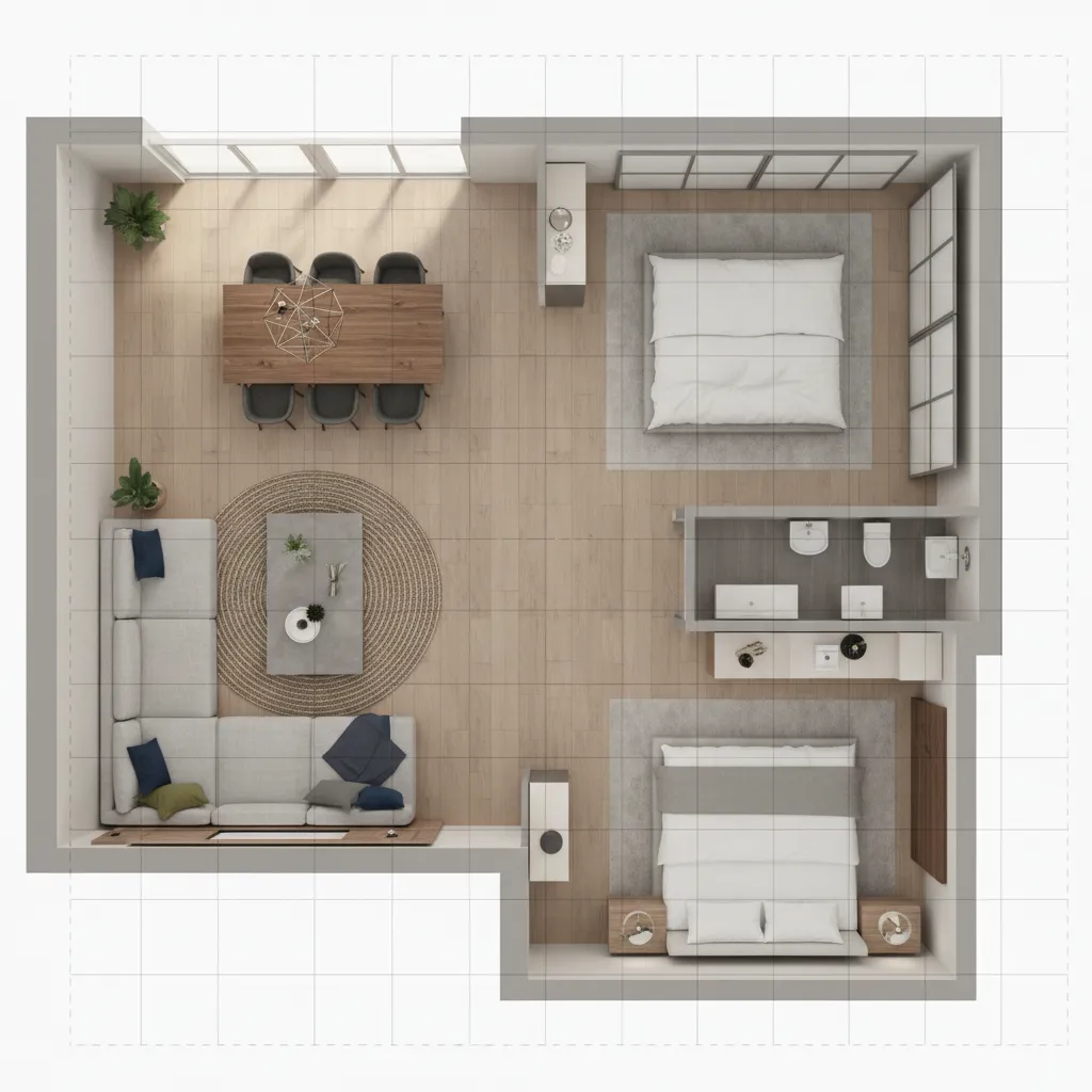 Top down room layout showing two bedrooms living area dining table and bathroom with wood floors