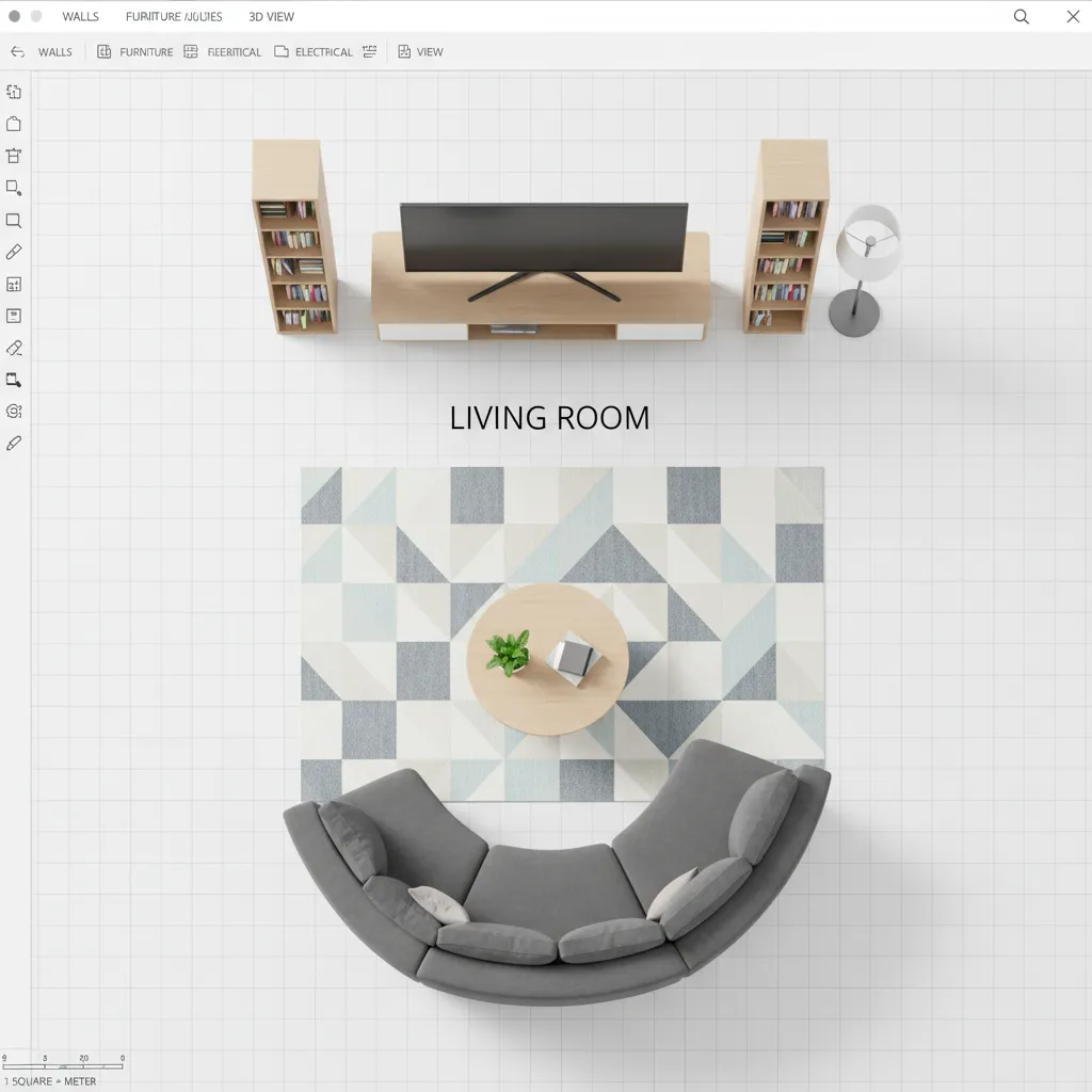Plano digital de una sala con muebles organizados en software de diseño interior