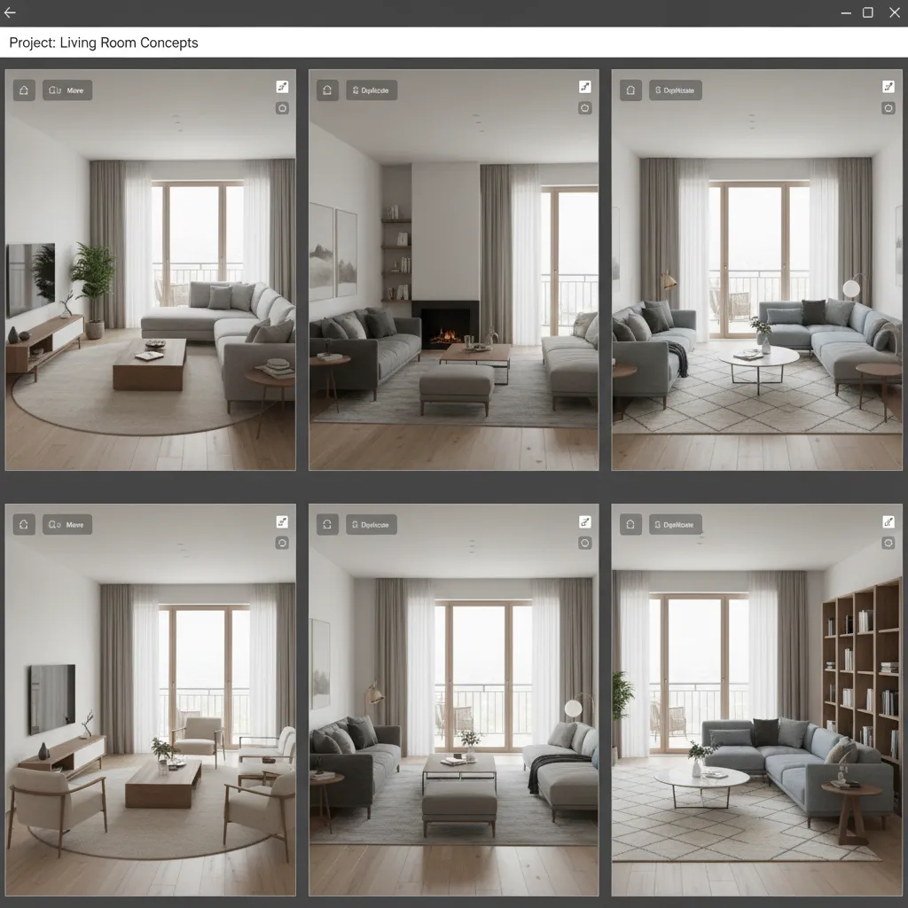 Multiple living room layout variations displayed side by side in a design planner