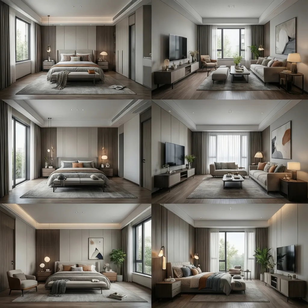 Modelo digital de una habitación con diferentes opciones de distribución de muebles
