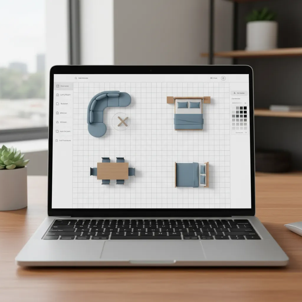 Laptop displaying Coohom floor plan editor with blue sofa beds and dining table on grid