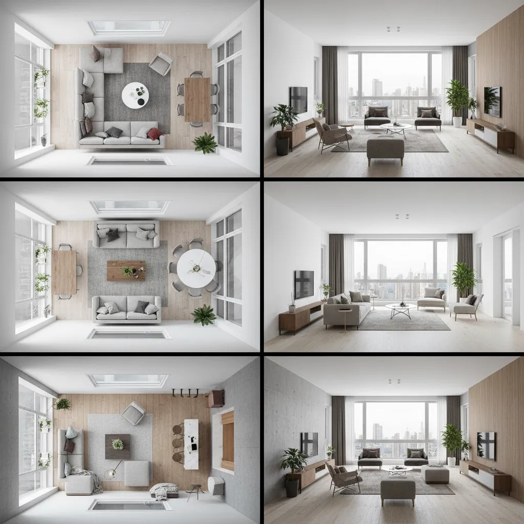 Diferentes distribuciones de muebles en un salón mostradas digitalmente