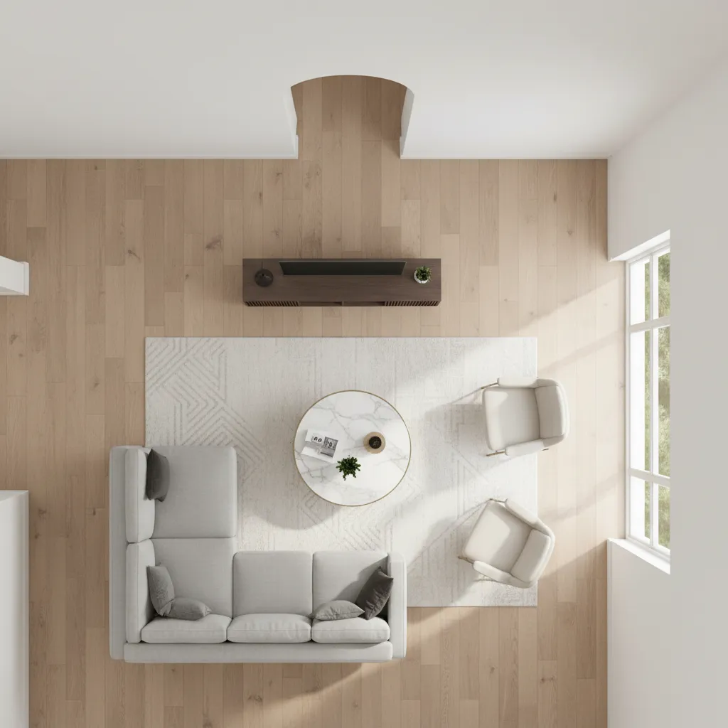 Top down interior design drawing showing a living room layout with sofa armchairs and rug
