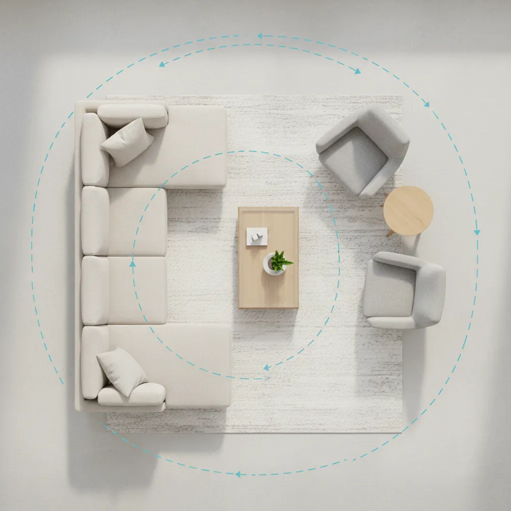simple living room floor plan showing furniture zones and walking paths