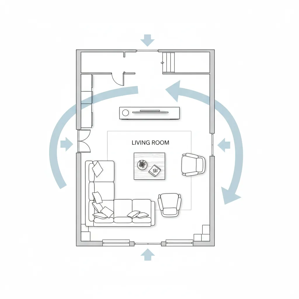 2D floor plan showing automatic furniture placement and circulation paths