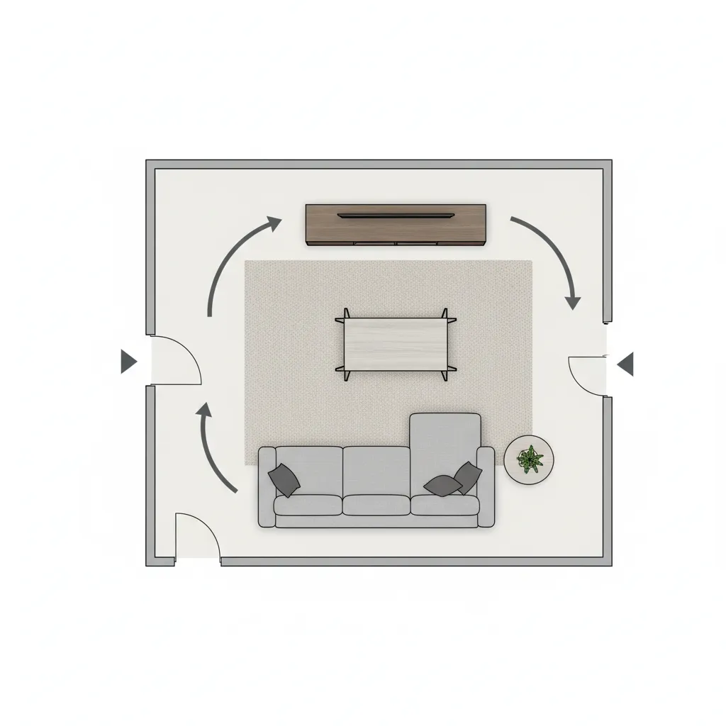 2D floor plan showing furniture layout and walking space planning