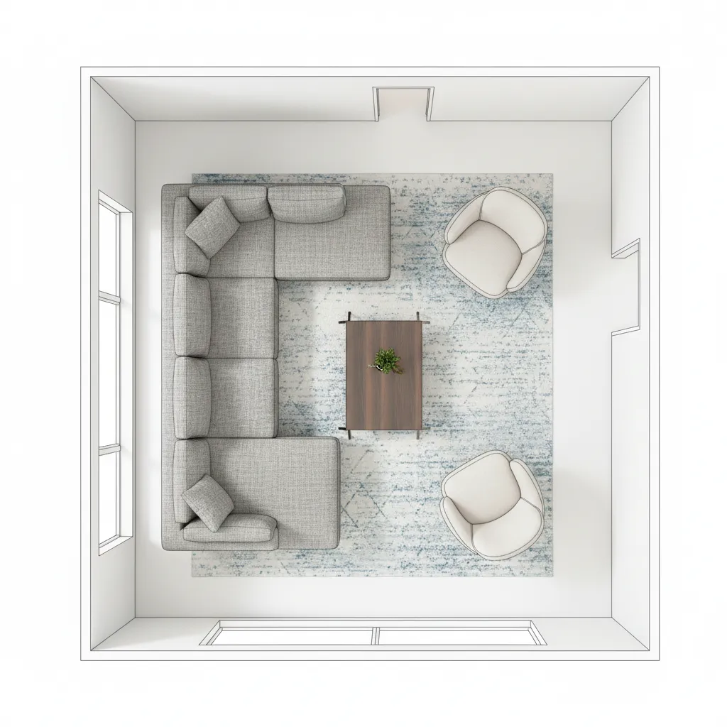 Top view floor plan showing furniture placement in a living room