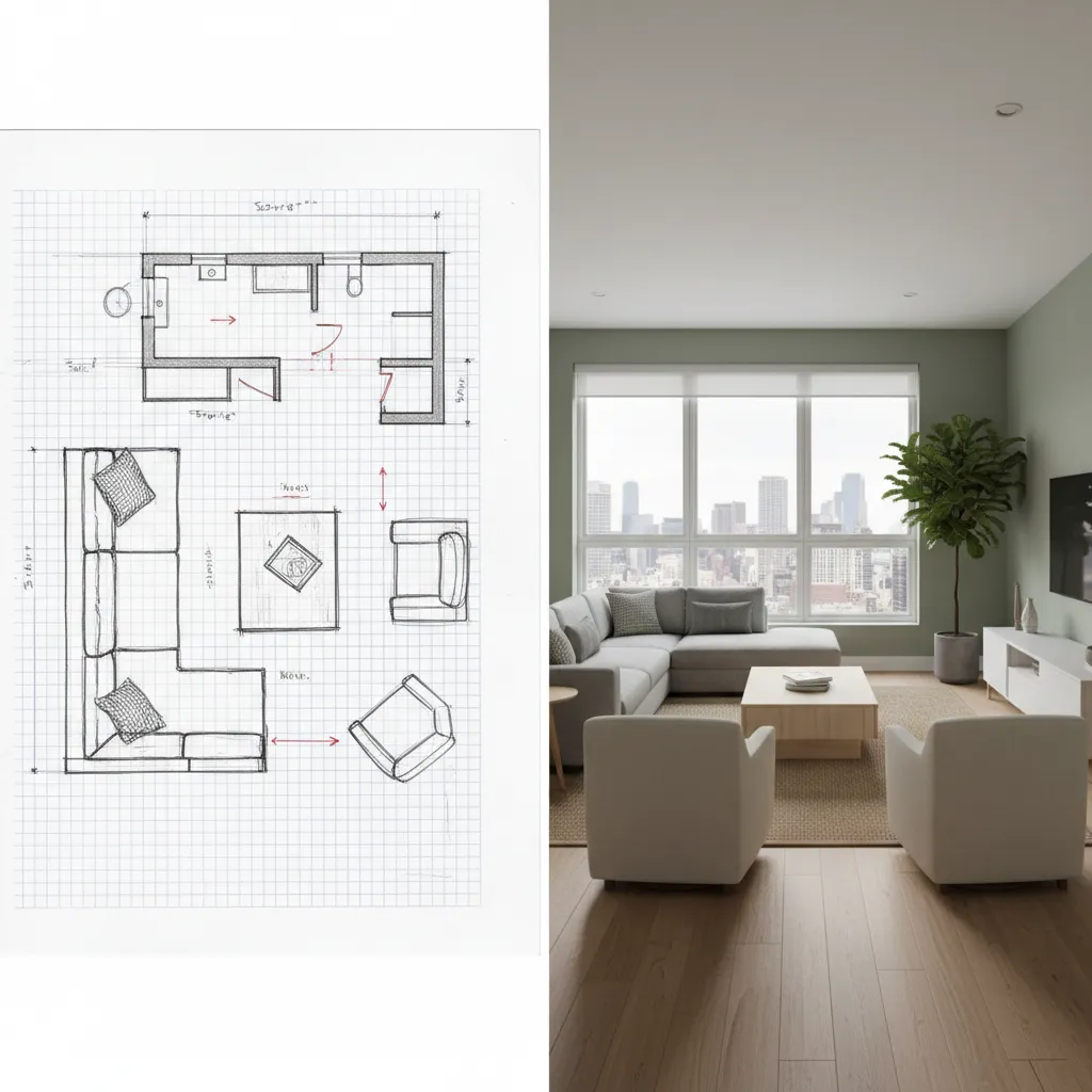 comparison of graph paper floor plan and digital room layout visualization