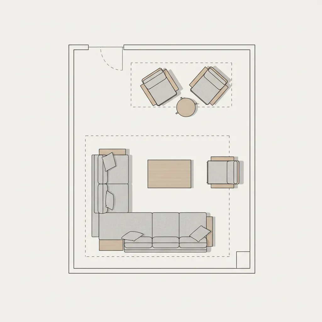 Simple room layout drawing showing furniture placement and walking paths