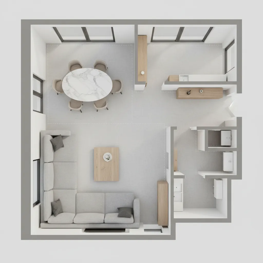 Room layout plan showing sofa dining table and circulation paths