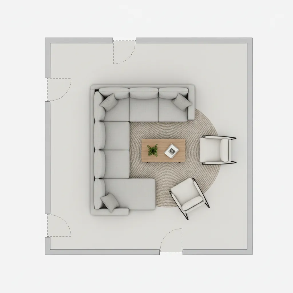 Interior layout planning with furniture arranged inside a digital living room floor plan
