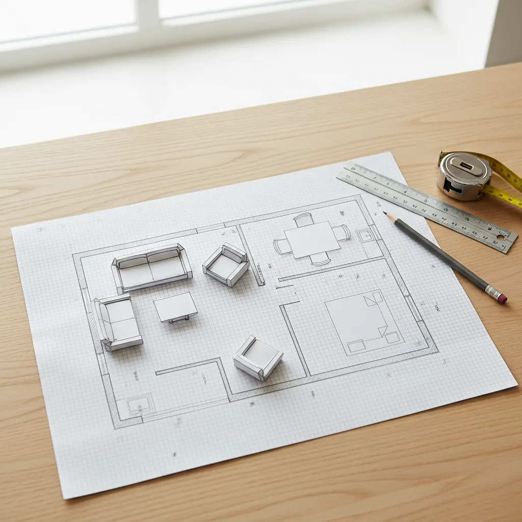 Room layout drawn on graph paper with scaled furniture blocks