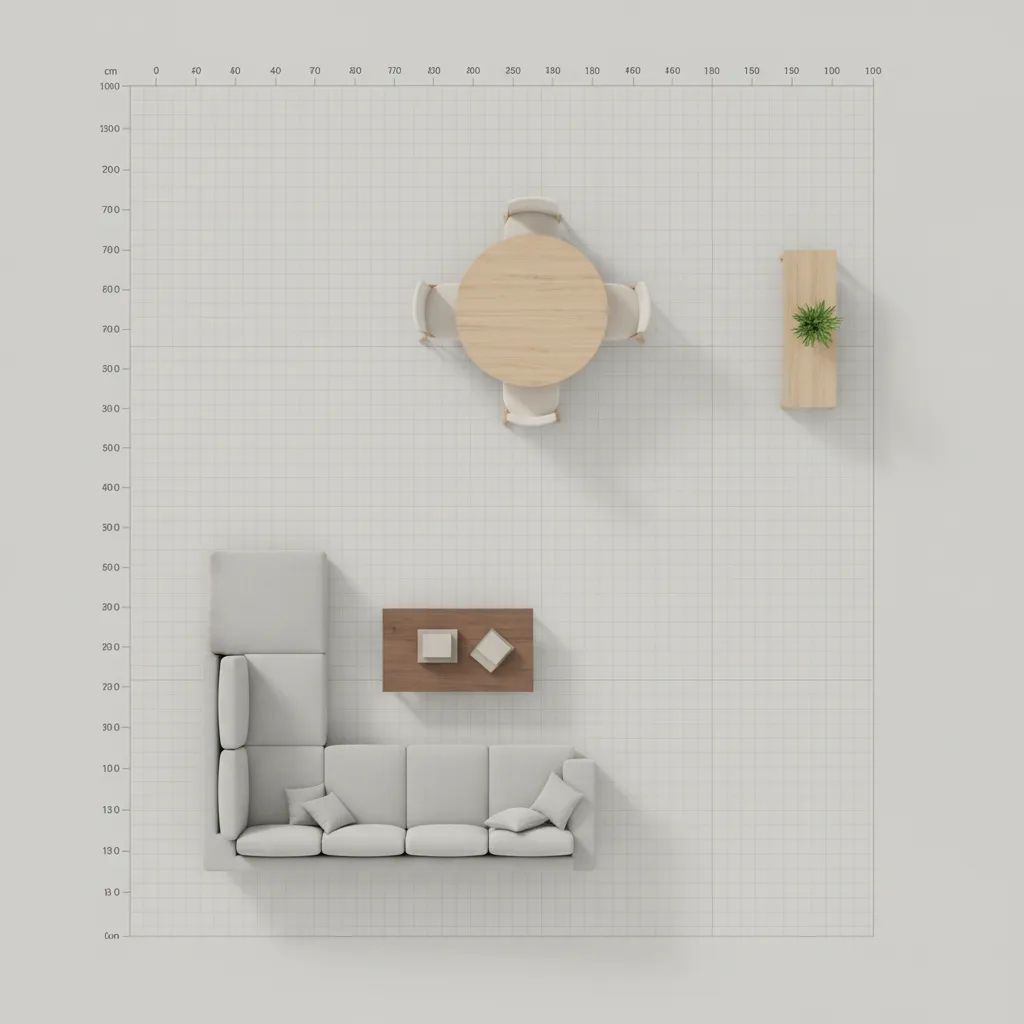 Digital room layout grid with furniture and measurement labels in centimeters