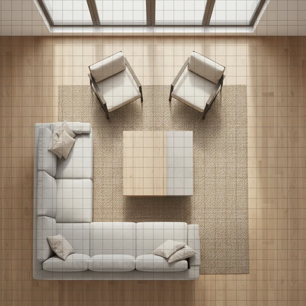living room floor plan with grid overlay showing furniture alignment