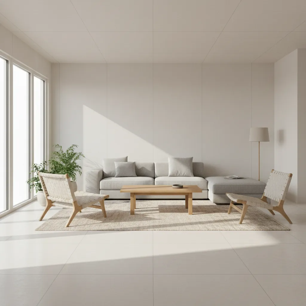 Living room with layout grid overlay showing furniture alignment