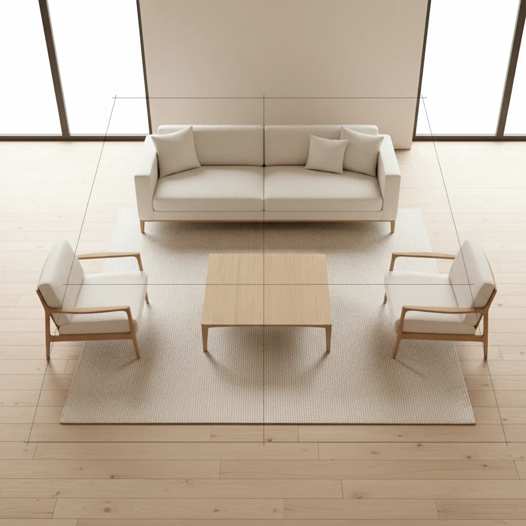 living room with visible grid overlay demonstrating structured furniture alignment