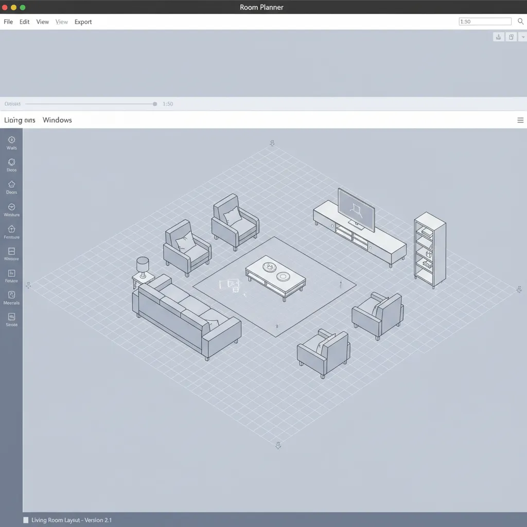 Digital room planner interface showing grid alignment for furniture placement