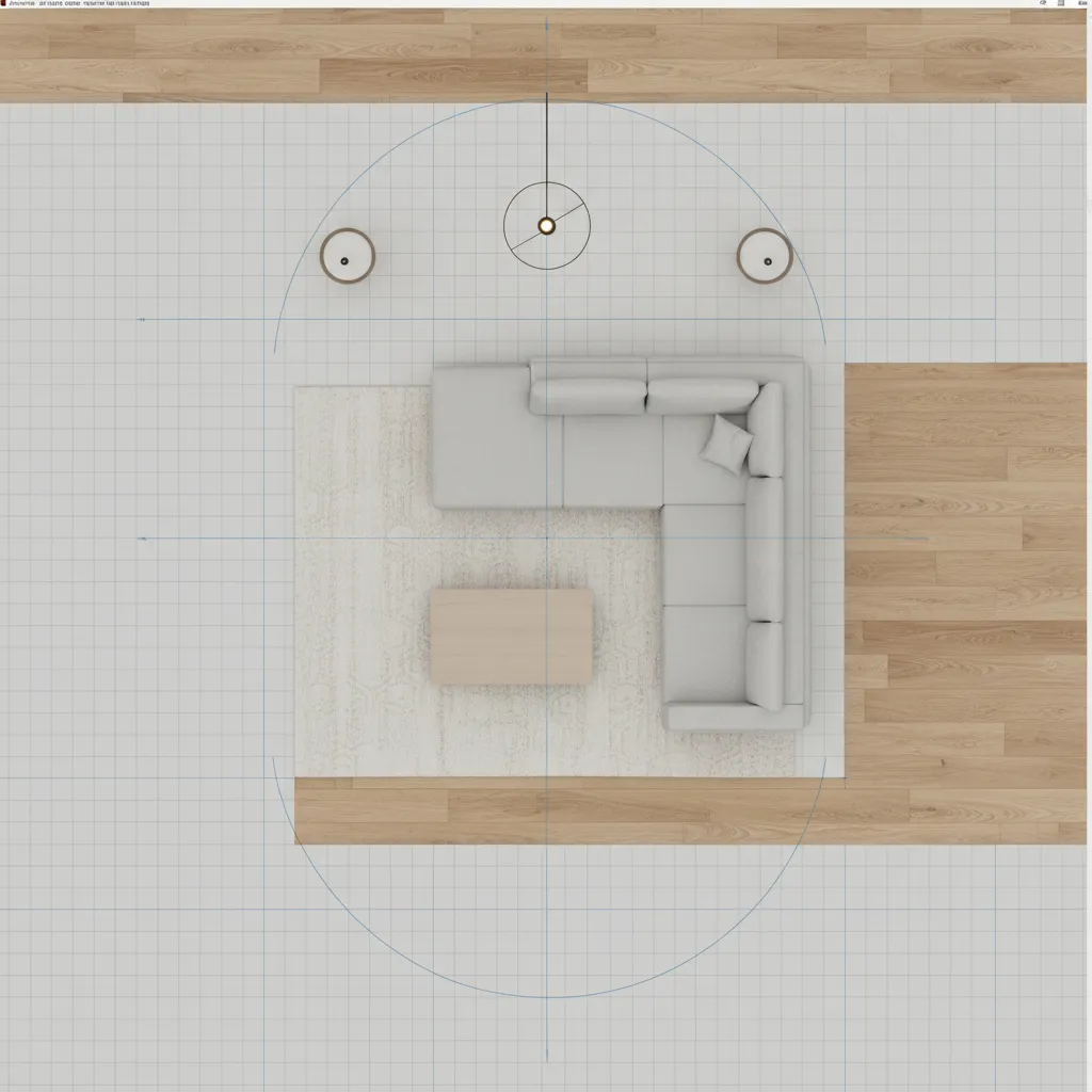 top view room layout design with furniture layers and guides