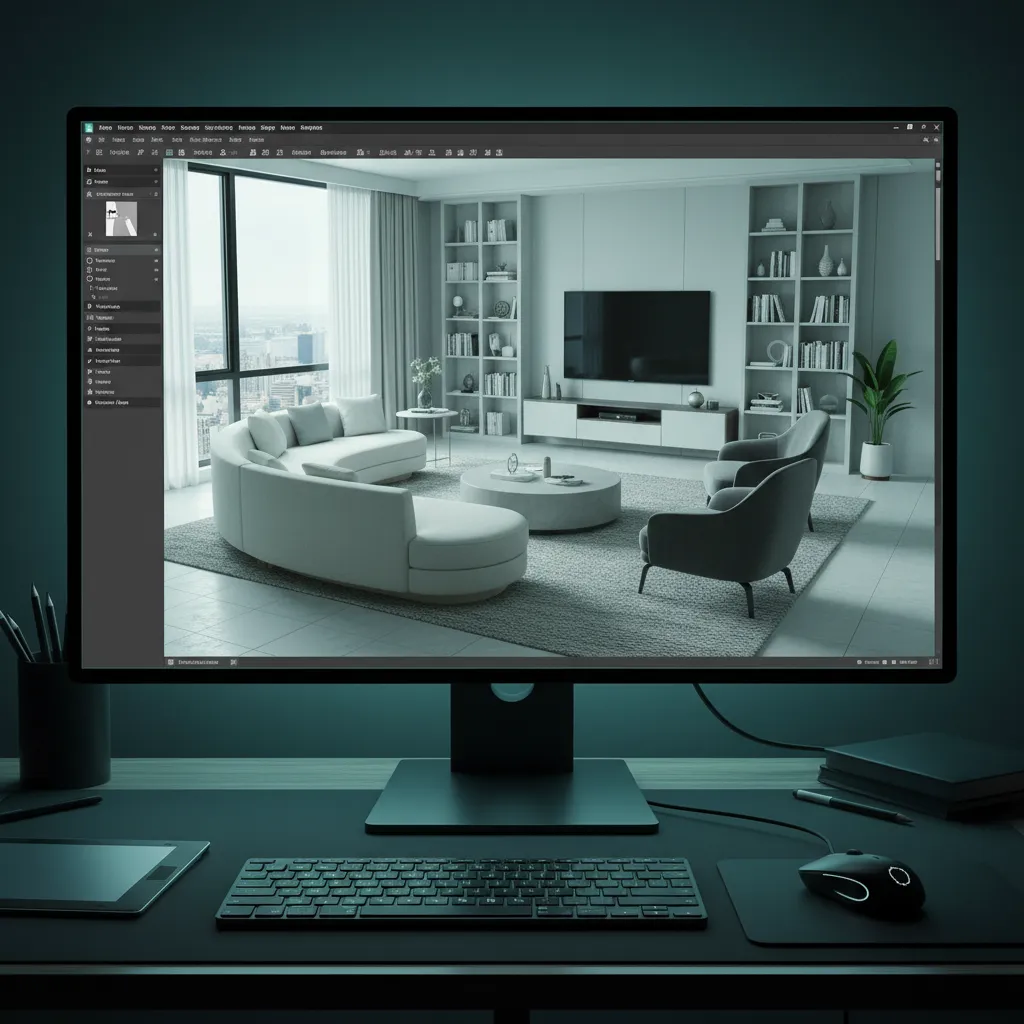 Coohom editor displaying a living room interior design drawing with curved sofa TV and bookshelves