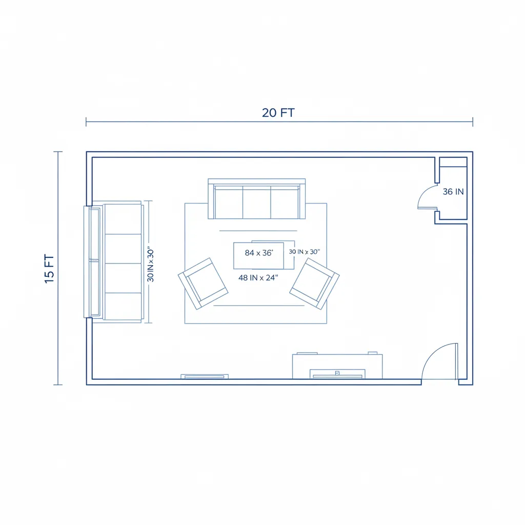 Room layout diagram comparing feet dimensions and inch spacing
