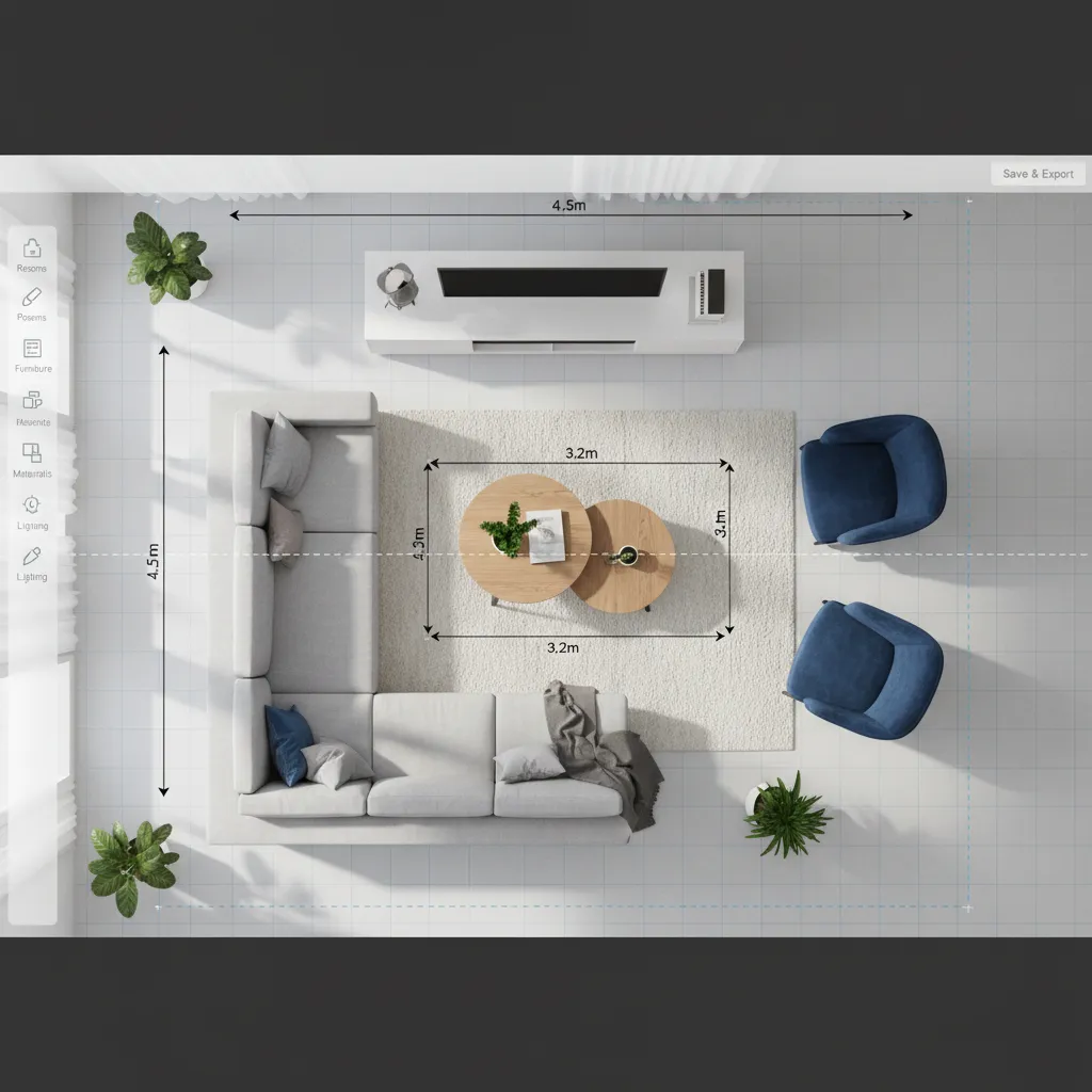Digital interior planning showing furniture spacing and walking paths
