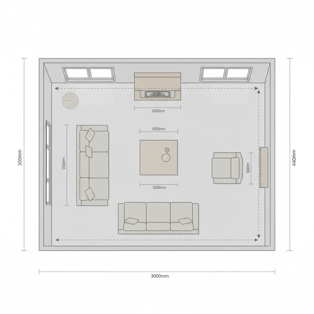 Interior layout planning with measured furniture spacing and circulation paths