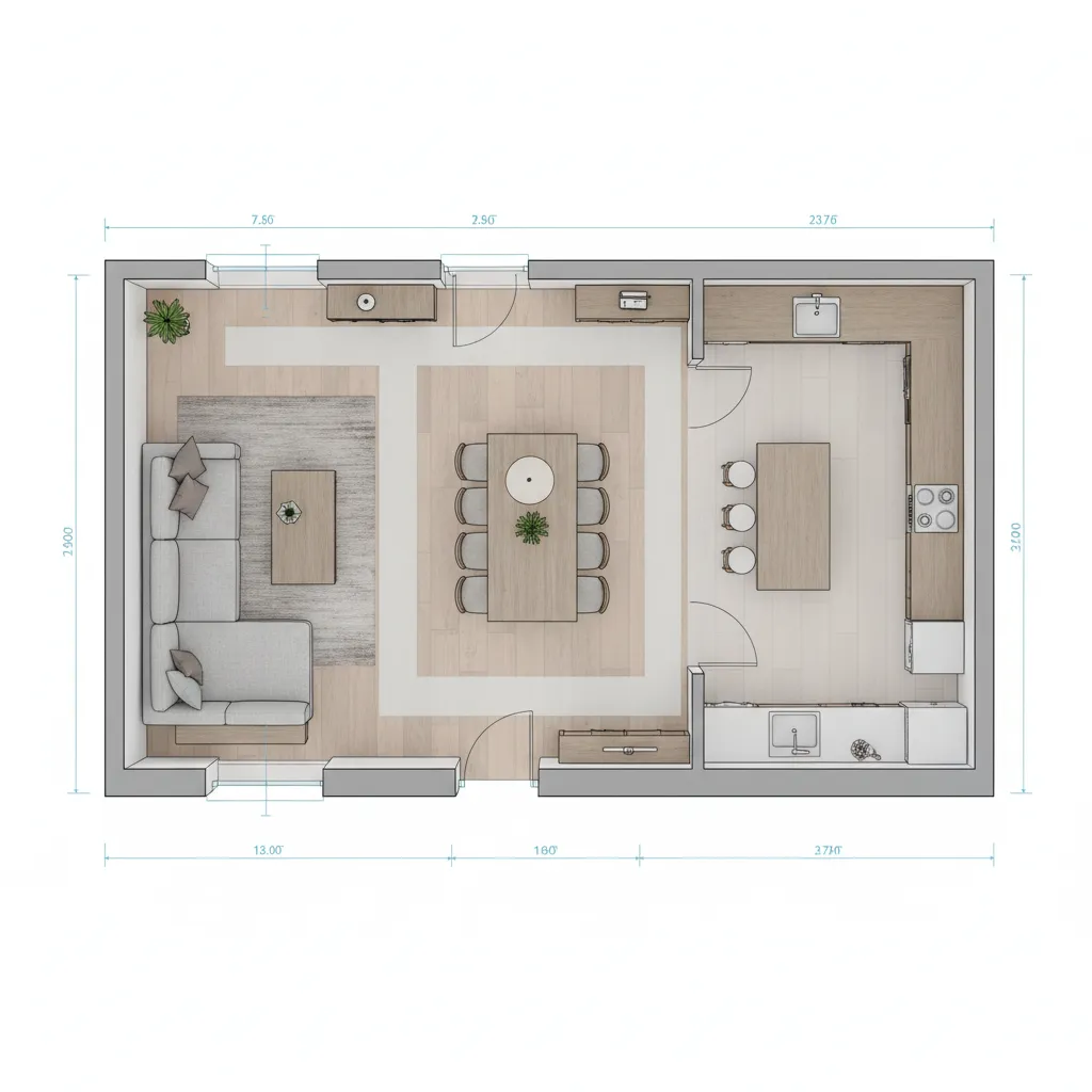 Interior room layout showing measurements and furniture spacing