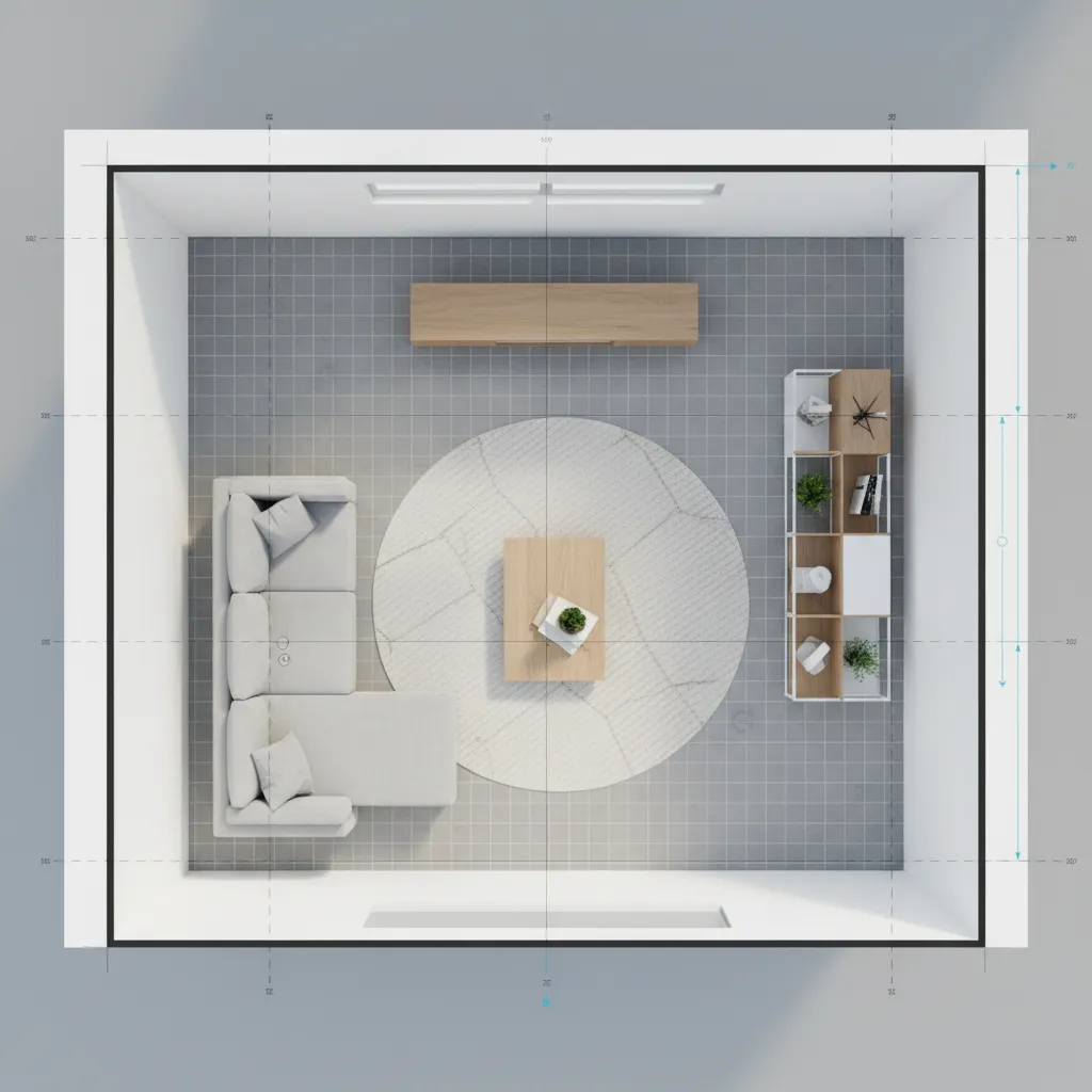Diseño digital de distribución de salón con sofá, mesa y estantería