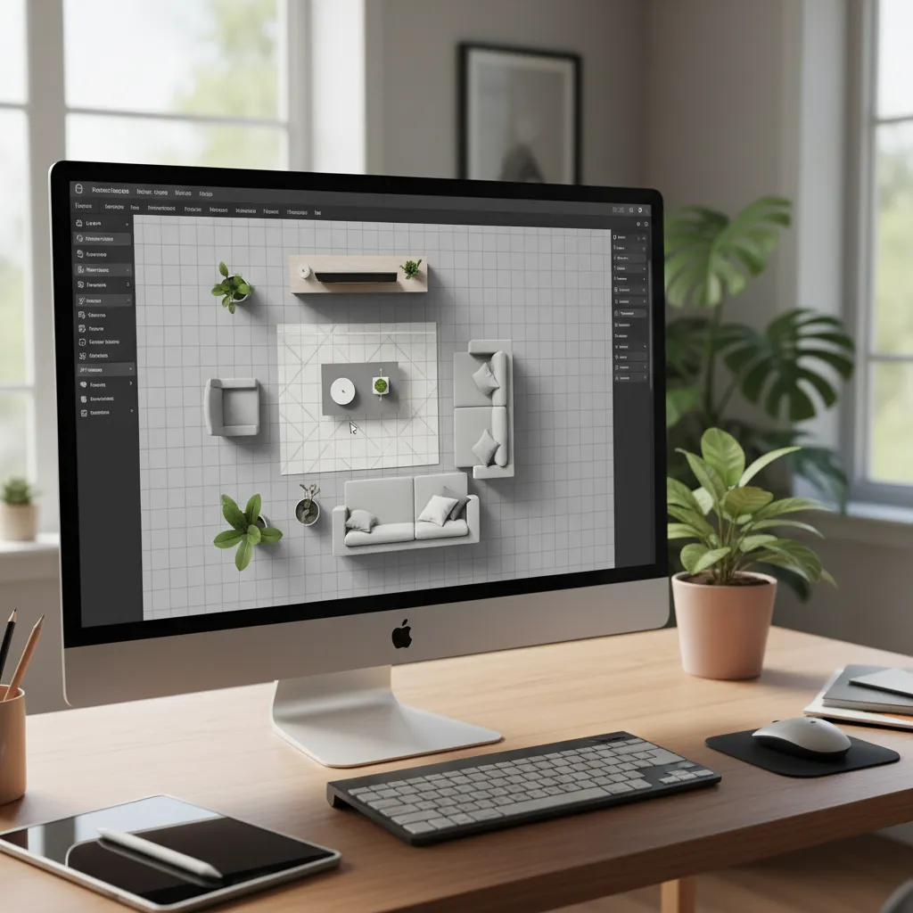 Computer screen displaying a professional room layout tool with sofa, rug, and plant furniture icons