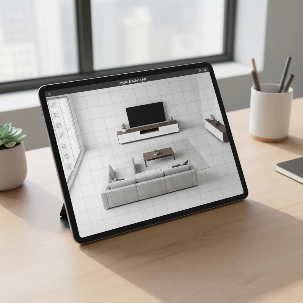 digital room layout planner showing a living room furniture arrangement on screen