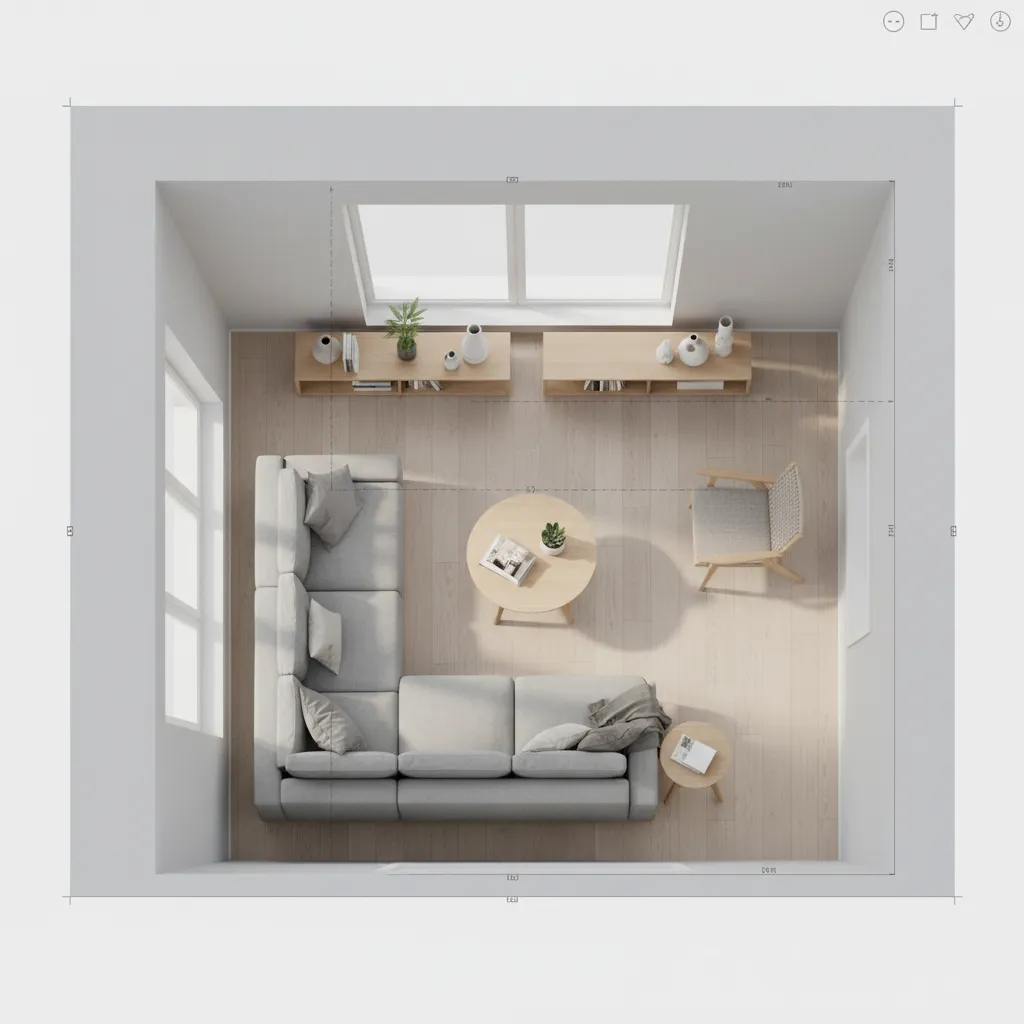 Modern living room layout showing grey sofa wooden coffee table light floor and white walls