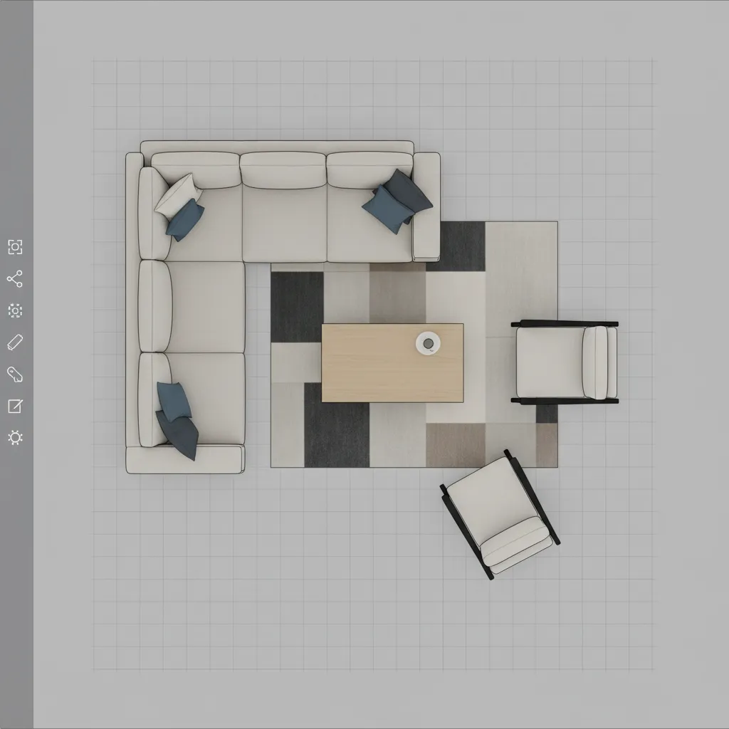 Digital floor plan with furniture icons showing living room layout planning