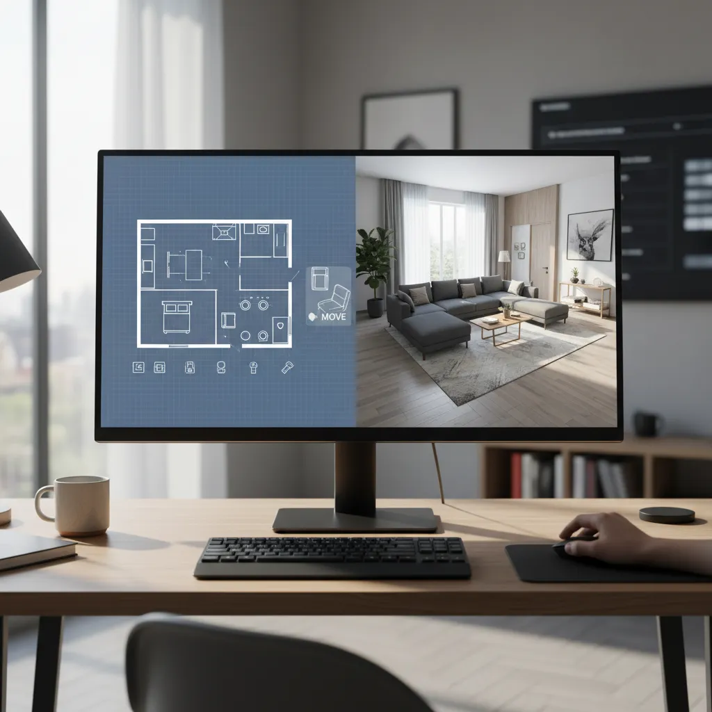 Monitor screen showing a 2D floor plan next to a modern living room interior design drawing