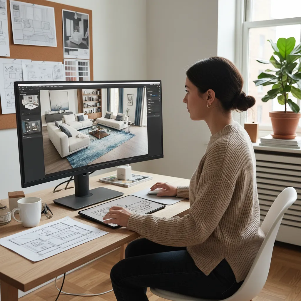 Diseñador probando distintas distribuciones de muebles en un salón