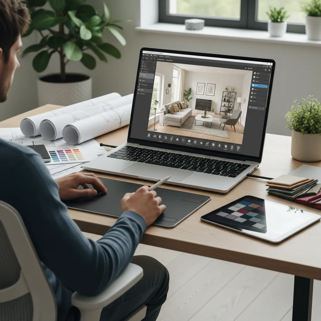 Designer using laptop and drawing tablet to create living room layout with interior design tools