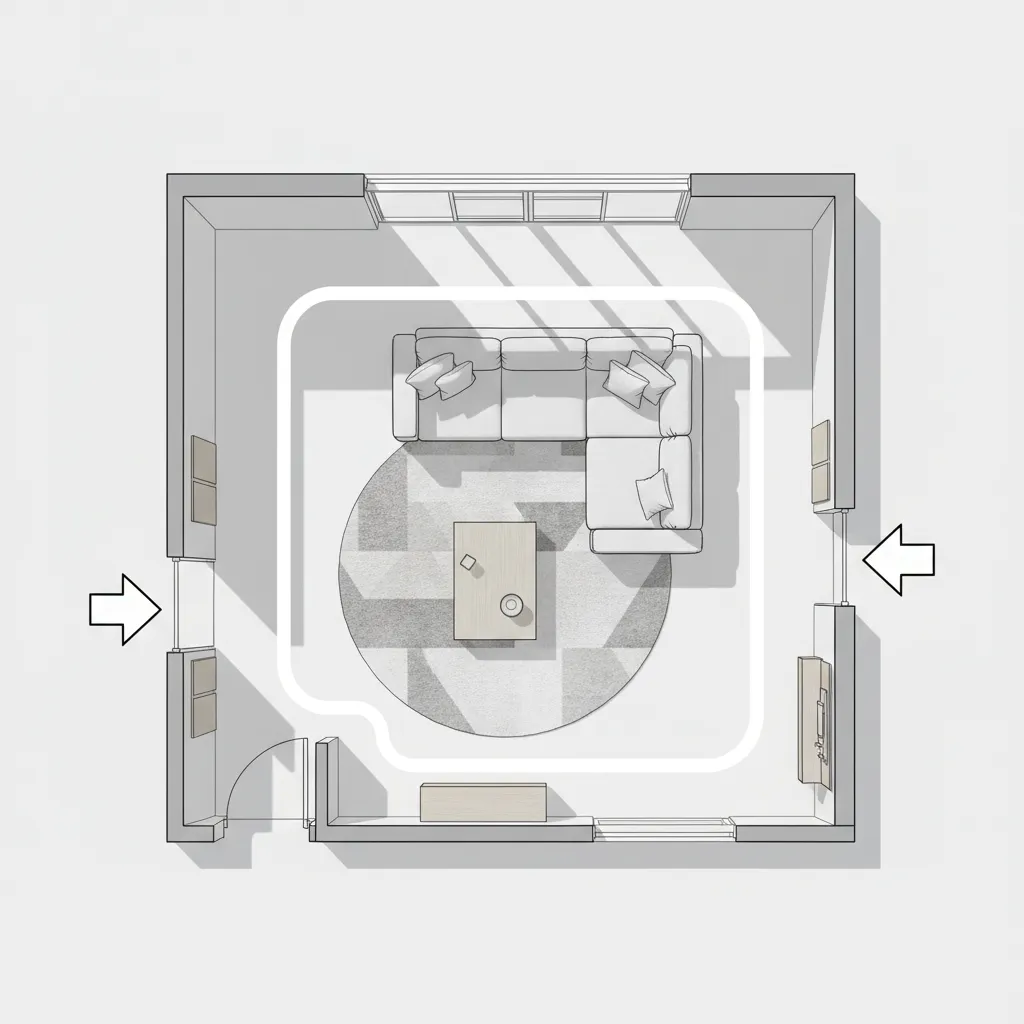 Plano de distribución de salón con sofá, mesa y zona de paso