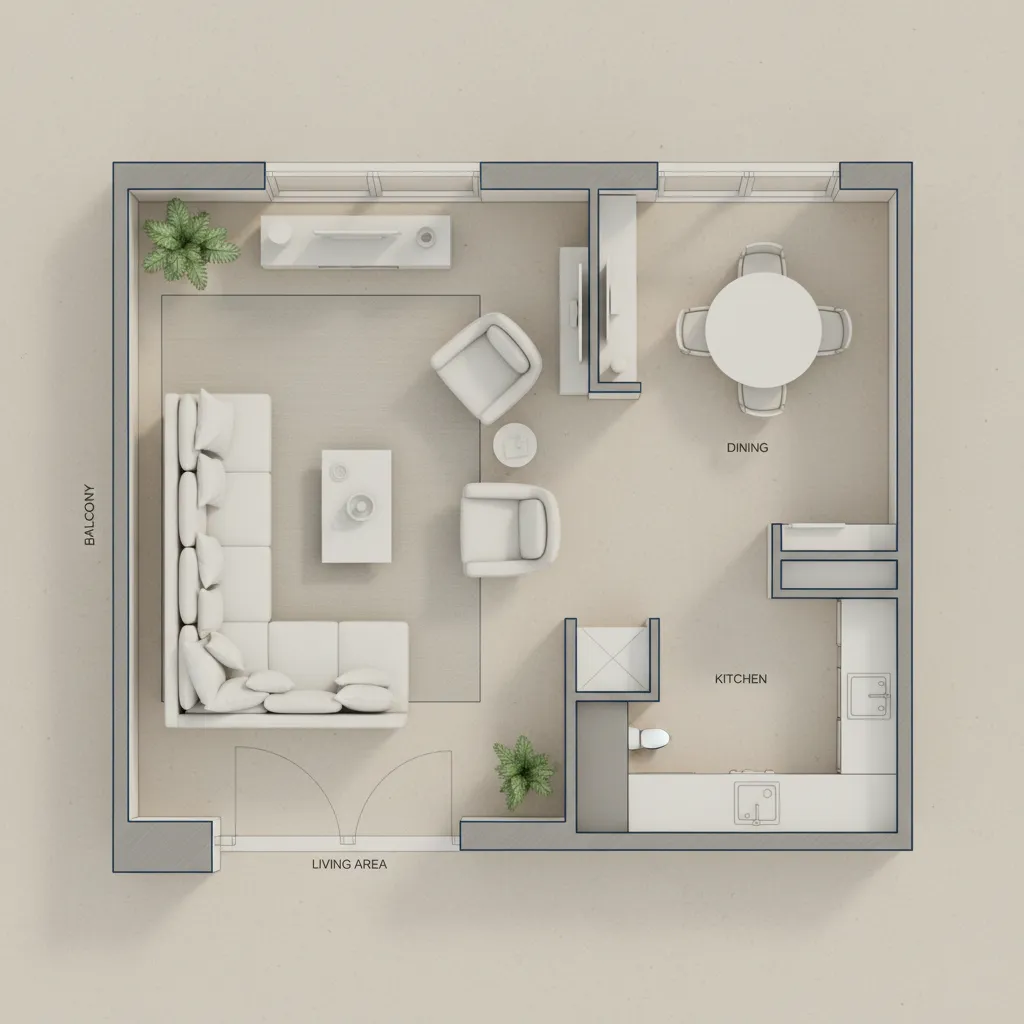 Top view apartment room layout showing living area kitchen and a round white dining table